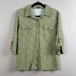 J. McLaughlin Green Yellow Button Down Woman’s Blouse Button Sleeves Large AOP